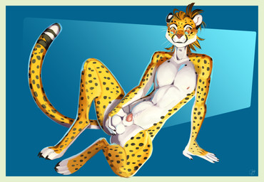 animal_genitalia animal_penis anthro balls claws eyewear fingers fur genitals glasses hair holding_balls looking_aside male markings nipples nude penis penis_tip sheath sitting smile solo spots spotted_body spread_legs spreading tail eagle_orion cheetah felid feline mammal hi_res