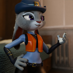 4_fingers anthro belt black_clothing blue_clothing claws clothed clothing countershading female female_anthro fingers fur furniture grey_body grey_fur hand_on_hip hat headgear headwear inside multicolored_body multicolored_ears multicolored_fur orange_clothing police police_uniform purple_eyes smile solo tail teeth topwear two_tone_body two_tone_fur uniform vest white_body white_fur neekun pochemu_(modeler) disney zootopia judy_hopps lagomorph leporid mammal rabbit 1:1 3d_(artwork) digital_media_(artwork) hi_res