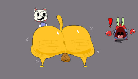anthro backsack balls big_butt blush blush_lines bottomless butt claws clothed clothing duo exclamation_point eyelashes genitals glistening glistening_butt gold_body green_eyes huge_butt hyper looking_at_another looking_back male male/male money_bag multicolored_body multicolored_clothing multicolored_shirt multicolored_topwear open_mouth partially_clothed red_body shirt shirt_only simple_background smile smiling_at_another solo_focus standing surprised tail thick_thighs tongue topwear topwear_only nxyitn ena:_dream_bbq ena_(series) nickelodeon spongebob_squarepants kane_(ena) mr._krabs arthropod crab crustacean decapod felid feline living_coin malacostracan mammal 7:4 aliasing digital_media_(artwork)