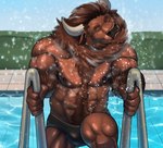 5_fingers abs anthro body_hair brown_body brown_fur bulge clothed clothing eyes_closed fingers fur hairy happy_trail horn humanoid_hands male muscular muscular_anthro muscular_male nipples outside pecs shaking smile solo speedo swimming_pool swimwear topless topless_male water wet wet_body wet_fur marsel-defender bison bovid bovine mammal 2021 digital_media_(artwork)