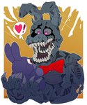 :o anthro big_bow_tie big_mouth_(anatomy) big_teeth black_nose border bow_tie claws exclamation_point exposed_endoskeleton grey_body grey_ears grey_sclera gums happy heart_symbol holding_object holding_plushie holding_toy long_ears looking_down machine male metal metallic metallic_body multicolored_ears notched_ear o_o open_mouth orange_background pink_eyes plushie purple_body purple_ears raised_arm red_bow_tie red_eyes sharp_teeth simple_background size_difference smile solo speech_bubble surprised_expression teeth torn_arm torn_body torn_face torn_hand toy two_tone_ears white_border wide_eyed snazzamazing five_nights_at_freddy's five_nights_at_freddy's_4 scottgames bonnie_(fnaf) nightmare_bonnie_(fnaf) plush_bonnie_(fnaf) animatronic lagomorph leporid mammal monster rabbit robot 2018 half-length_portrait hi_res portrait