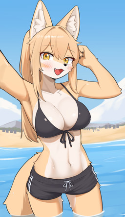 anthro beach bikini bikini_top blush bottomwear breasts cleavage clothed clothed_anthro clothed_female clothing cute_fangs fangs female female_anthro fingers front_view fur hair hotpants kemono long_hair looking_at_viewer open_mouth partially_submerged sea selfie shorts solo swimwear tail tan_body tan_fur tan_hair teeth tongue two-piece_swimsuit water white_body white_fur yellow_eyes jeifier rebekah canid canine fox mammal 2025 digital_media_(artwork) hi_res portrait three-quarter_portrait