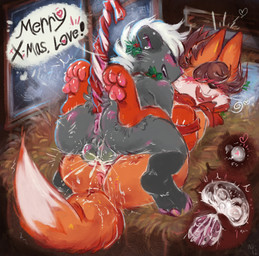 anthro anus balls bangs blush bodily_fluids bow_ribbon breath brown_hair butt candy candy_cane christmas_clothing clothing cum cum_in_uterus cum_in_vagina cum_inside cumshot dessert dialogue duo ejaculation feet female food from_front_position fur genital_fluids genitals grey_body grey_fur hair happy holidays holly_(plant) impregnation internal love male male/female mating_press nude nude_anthro nude_female nude_male orange_body orange_fur ovum panting pawpads paws penetration penis piercing pillow plant red_body red_fur ribbons romantic romantic_couple sex soles speech_bubble sperm_cell tail uterus vaginal vaginal_fluids vaginal_penetration vulva whiskers white_body white_fur white_hair window nihilochannel christmas ferox_(feroxdoon) xander_(barleychee) american_opossum canid canine fox mammal marsupial red_fox true_fox virginia_opossum hi_res nonbinary_(lore)