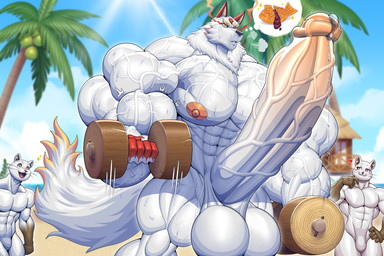 abs anthro balls big_balls big_penis bodily_fluids dripping erection exercise foreskin genital_fluids genitals group huge_balls huge_penis humanoid_genitalia humanoid_penis hyper hyper_balls hyper_genitalia hyper_penis male muscular muscular_anthro muscular_male nipples pecs penis pink_nipples precum precum_drip trio vein veiny_muscles veiny_penis weightlifting white_body workout wolfiecanem yamagami_(kusunoki's_garden_of_gods) canid canine canis mammal wolf 2026 absurd_res hi_res