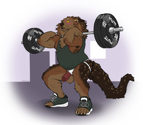 anthro armpit_hair ball_slip balls barbell blush body_hair brown_body brown_fur clothed clothing crouching erection exercise footwear fur furgonomic_footwear furgonomics genital_piercing genitals humanoid_genitalia humanoid_penis ineffective_clothing jockstrap male male_anthro musclegut muscular muscular_anthro muscular_male nipple_slip nipples overweight overweight_anthro overweight_male penis penis_piercing penis_poking_out piercing prince_albert_piercing red_penis revealing_shirt revealing_tank_top shirt shoes skimpy solo tail tan_body tan_fur tank_top topwear underwear wardrobe_malfunction weightlifting whiskers workout yellow_eyes labradorszn sinturong binturong mammal viverrid 2025 hi_res