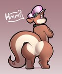 anthro berry_ranieri big_butt brown_body brown_fur butt clothing dialogue dogfluid featureless_crotch female flower fur hat hat_only headgear headgear_only headwear headwear_only huge_butt looking_at_viewer looking_back looking_back_at_viewer mammal mostly_nude mustelid nude otter pink_eyes plant raised_tail rear_view solo speech_bubble tail text thick_tail thick_thighs wide_hips