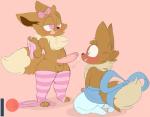 2019 3_toes 4_fingers absurd_res anthro backsash balls big_penis blue_eyes blush bottomwear bottomwear_down brown_body brown_fur butt canid canine clothed clothing digital_media_(artwork) duo eevee english_text erection feet femboy fingers foreskin fur furgonomics generation_1_pokemon genitals hair heart_eyes heart_symbol hi_res holding_clothing holding_object holding_panties holding_underwear legwear looking_at_genitalia looking_at_penis male male/male mammal masturbation nintendo open_mouth panties pattern_clothing pattern_legwear penile penile_masturbation penis penis_awe pink_eyes pokemon pokemon_(species) simple_background skirt skirt_down smile standing striped_clothing striped_legwear stripes tail tail_through_skirt teeth text toes topless tuft underwear