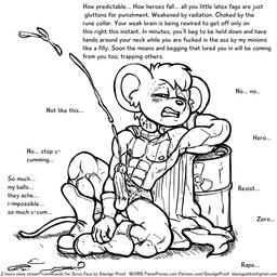 abs anthro bdsm biceps bodily_fluids cum cumshot ejaculation genital_fluids latex male mind_break muscular muscular_male orgasm pecs profanity shota slave slave_stream solo superhero tears text young young_anthro young_male smudge_proof mammal mouse murid murine rodent 1:1 english_text hi_res monochrome sketch url