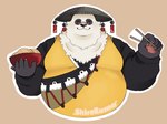 anthro asian_clothing black_body black_fur blush chinese_clothing chopsticks clothing east_asian_clothing eyewear food fur glasses headgear headwear holding_chopsticks holding_food holding_object male noodles overweight overweight_male ramen shirt simple_background solo topwear white_body white_fur yellow_clothing yellow_shirt yellow_topwear shiro_kuma230 mihoyo zenless_zone_zero pan_yin_hu bear giant_panda mammal thiren 2025