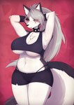 2022 anthro big_breasts black_nose bottomwear breasts canid canid_demon canine chest_tuft cleavage clothed clothing collar curvy_figure demon digital_media_(artwork) ear_piercing ear_ring female female_anthro fur grey_hair hair hands_behind_head hellhound helluva_boss hi_res long_hair looking_at_viewer loona_(helluva_boss) mammal mythological_canine mythological_creature mythology notched_ear piercing red_sclera ring_piercing shano_541 shirt shorts solo spiked_collar spikes thong_straps topwear tuft under_boob voluptuous white_body white_eyes white_fur