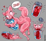 anthro butt container female goo_creature heart_symbol in_container in_jar jar kobold nude oozing open_mouth slime smile solo sorc speech_bubble spill spilled spilling text