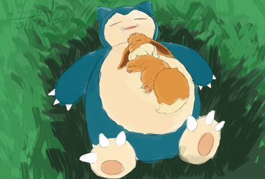 ambiguous_gender blue_body blue_fur bodily_fluids brown_body brown_fur claws drooling duo feral fur grass open_mouth pawpads paws plant saliva sleeping literallyeevee nintendo pokemon eevee eeveelution generation_1_pokemon pokemon_(species) snorlax hi_res