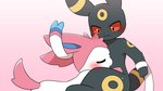 black_body black_fur blush duo eyes_closed feral fur multicolored_body multicolored_ears multicolored_fur pink_body pink_ears pink_fur pink_tail tail two_tone_ears two_tone_tail white_body sum nintendo pokemon eeveelution generation_2_pokemon generation_6_pokemon pokemon_(species) sylveon umbreon 16:9 hi_res widescreen