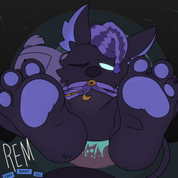 3_toes accessory anthro barefoot beak beak_closed big_ears big_feet biped black_beak black_body black_fur black_tail blue_eyes bottomless bottomless_anthro bottomless_male chain_accessory cheek_tuft claws clothed clothed_anthro clothed_male clothing crescent_moon extreme_size_difference facial_tuft featureless_crotch feet foot_crush foot_fetish foot_focus front_view fur glowing glowing_eyes group half-closed_eyes hat headgear headwear hindpaw lying male male_anthro moon mouth_closed narrowed_eyes nightcap on_back one_eye_closed pajamas pattern_clothing pattern_hat pattern_headgear pattern_headwear pattern_pajamas pattern_topwear pawpads paws pillow purple_clothing purple_hat purple_headwear purple_inner_ear purple_pajamas purple_pawpads purple_topwear semi-anthro size_difference sleepwear small_claws solo_focus tail text tired toe_claws toes topwear tuft young young_anthro young_male dragotrashcan deadlock_(game) mythology valve lil_helper_(deadlock) rem_(deadlock) avian chimera dream_creature gryphon mythological_avian mythological_creature 1:1 2026 absurd_res english_text hi_res