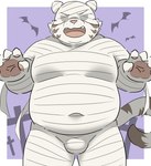 anthro belly bulge fur holidays male moobs mummy_costume mummy_wrappings navel overweight overweight_male solo white_body white_fur ptcmtr halloween lifewonders tokyo_afterschool_summoners licho_(tas) felid mammal mummy pantherine tiger undead hi_res