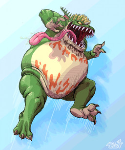anthro blonde_hair bodily_fluids extended_tongue green_body hair long_tongue male open_mouth red_eyes saliva sharp_teeth solo tan_body teeth tongue tongue_out yellow_sclera chopangigante power_rangers terror_toad amphibian frog monster toad_(frog) hi_res