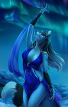 anthro aurora_(phenomenon) breasts clothed clothing detailed_background dress ear_piercing ear_ring female night outside piercing ring_piercing solo standing elvofirida michka_kulestis canid canine fox mammal 2021 digital_media_(artwork) hi_res