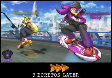 anthro beak blue_eyes clothed clothing detailed_background duo eyewear female fur male tail text gdbr-1 seriuswolf_(modeler) warfaremachine_(modeler) sega sonic_riders sonic_the_hedgehog_(series) miles_prower wave_the_swallow avian bird canid canine fox hirundinid mammal oscine passerine swallow_(bird) 3d_(artwork) absurd_res digital_media_(artwork) hi_res source_filmmaker_(artwork) watermark widescreen