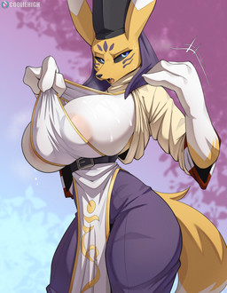 anthro big_breasts biped breasts claws clothed clothed_anthro clothed_female clothing female female_anthro fingers fur huge_breasts looking_at_viewer navel solo standing tail teeth tongue cooliehigh bandai_namco digimon canid canine digimon_(species) mammal taomon 2026 digital_drawing_(artwork) digital_media_(artwork) hi_res