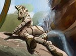 anthro butt female genitals hooves light looking_at_viewer lying nude pussy solo stripes sunlight tail waterfall hattonslayden equid equine mammal zebra hi_res