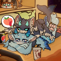 ambiguous_gender anthro bed blush chibi coffee_cup container cup daww duo furniture horn lying male male/ambiguous nude on_front paws sakemono 1:1 hi_res tagme