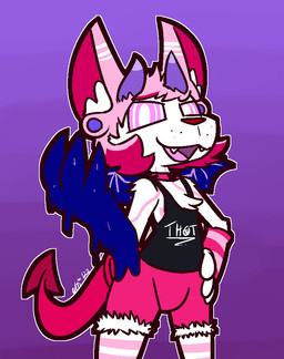 2_horns anthro armwear bat_wings bottomwear clothing corruption cute_fangs dipstick_horn ear_piercing fangs freckles front_view fur fur_shorts gauged_ear hand_on_hip horn hypnosis inner_ear_fluff looking_at_viewer male membrane_(anatomy) membranous_wings mind_control multicolored_horn open_mouth piercing pink_armwear pink_body pink_bottomwear pink_clothing pink_eyes pink_fur pink_shorts pink_stripes purple_background purple_horn red_inner_ear red_nose ringed_eyes shirt shorts simple_background smile smirk solo spade_tail sparkles spread_wings striped_body striped_fur stripes tail teeth text text_on_clothing text_on_shirt text_on_topwear topwear tuft white_body white_eyes white_fur wings ultilix valentine_(demoneyees) demon domestic_cat felid feline felis mammal 2022 english_text