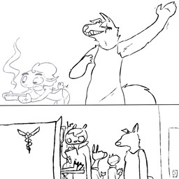 2_panel_comic anthro apron apron_only baking bent_over clipboard clothing cooking detailed_background door dress female fur glistening glistening_eyes group handwear holding_clipboard holding_object hospital humor imminent_spanking intravenous_bag larger_female male mask medical_instrument mischievous_smile motion_lines oven_mitts raised_arm scientific_instrument sharp_teeth simple_background size_difference smaller_male steam surgical_mask tail teeth twitching white_background wool_(fur) the_weaver pack_street betty_(weaver) remmy_cormo bovid canid canine canis caprine mammal sheep wolf 2026 comic digital_drawing_(artwork) digital_media_(artwork) hi_res