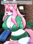 anthro big_breasts breasts caption cleavage clothed clothing doorstep female fur hair looking_at_viewer pink_eyes pink_hair pink_tail solo tail text white_body white_fur yumiiefox brand_new_animal studio_trigger nazuna_hiwatashi canid canine fox mammal absurd_res digital_media_(artwork) english_text hi_res