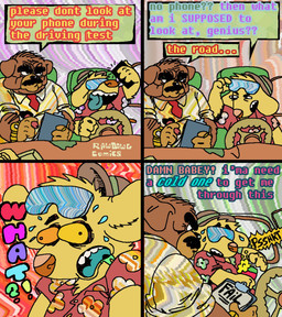 4_panel_comic alcohol aloha_shirt anthro beer beverage beverage_can clipboard clothing dialogue driving duo eyewear half-closed_eyes hat headgear headwear humor male narrowed_eyes open_mouth open_smile pattern_clothing pattern_shirt pattern_topwear selfie shirt smile speech_bubble sunglasses text topwear wide_eyed rawdawgcomics stahli_(rawdawgcomics) bulldog canid canine canis domestic_dog mammal mastiff molosser comic english_text hi_res