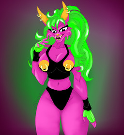 anthro breasts brown_eyes clothing ears_up fangs female fur glare gloves gradient_background green_hair hair hand_on_hip handwear navel nipple_piercing nipples open_mouth panties piercing pink_body simple_background small_waist smile solo teeth topwear underwear wide_hips canid canine canis mammal wolf