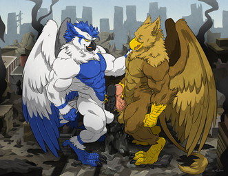 abs anthro balls beak biceps big_muscles big_penis brown_body brown_fur building building_destruction city city_background city_crushing city_destruction cityscape claws crush destruction duo erection feathered_wings feathers feet finger_claws fingers footprint fur genitals huge_muscles humanoid_genitalia humanoid_penis landscape_dwarfing macro macro_anthro male masturbation muscular muscular_anthro muscular_male nude outside paws pecs penile penile_masturbation penis ruins sky smile stomping tail toe_claws toes vein veiny_penis white_body wings wfa mythology carpo sova avian bird gryphon mythological_avian mythological_creature owl hi_res