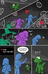 2019 anthro axe blue_clothing bovid clothed clothing comic confusion deltarune dialogue digital_drawing_(artwork) digital_media_(artwork) dress egg english_text eyewear female feral glasses green_clothing green_dress green_eyewear green_hat green_headwear group hair hat headgear headwear heart_symbol human humor kris_(deltarune) lynxgriffin male mammal mario_bros melee_weapon message_box monster nintendo number onomatopoeia path_lines pun question_mark ralsei shadow sound_effects speech_bubble susie_(deltarune) sword text throwing undertale_(series) weapon yoshi