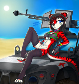 anthro blue_eyes bottomless breasts clothed clothing desert female footwear gun hair hair_over_eye legwear machine_gun one_eye_closed one_eye_obstructed outside ranged_weapon red_cross slim smile socks solo stirrup_socks stripes sun tail toeless_legwear under_boob vehicle weapon wink macmegagerc cherry_(macmegagerc) felid mammal pantherine tiger