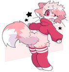 ambiguous_gender anthro black_nose black_star bottomless bottomless_anthro clothed clothing countershading feet fur hindpaw hoodie legwear looking_at_viewer open_mouth open_smile paws pink_body pink_clothing pink_ears pink_fur pink_hoodie pink_legwear pink_thigh_highs pink_topwear rear_view simple_background smile solo star thigh_highs topwear white_background white_body white_countershading white_fur pinkpoffinz puffi_(pinkpoffinz) canid canine domestic_cat felid feline felis fox hybrid mammal 2024 absurd_res full-length_portrait hi_res portrait male_(lore)