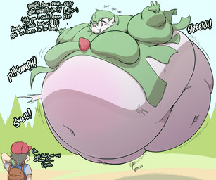belly big_belly big_breasts breasts clothing duo female genitals hat headgear headwear huge_belly hyper hyper_inflation inflation male outside spherical_inflation text vulva white_body garuda_six nintendo pokemon gardevoir generation_3_pokemon human mammal pokemon_(species) 2026 6:5 english_text