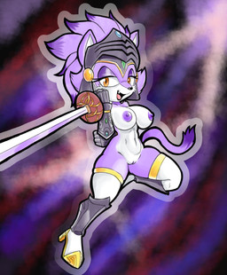 anthro areola armor big_breasts black_nose breasts clothing dipstick_tail eyelashes female front_view fur genitals hand_behind_back holding_melee_weapon holding_object holding_sword holding_weapon legwear markings melee_weapon navel nipples open_mouth open_smile orange_eyes purple_areola purple_body purple_fur purple_nipples smile solo sword tail tail_markings thick_thighs thigh_highs unconvincing_armor vulva weapon white_body white_clothing white_fur white_legwear white_thigh_highs wide_hips fourssss sega sonic_and_the_black_knight sonic_storybook_series sonic_the_hedgehog_(series) blaze_the_cat sir_percival_(sonic_and_the_black_knight) domestic_cat felid feline felis mammal hi_res
