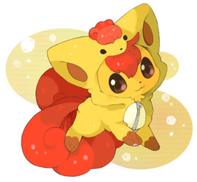 3_toes abstract_background ambiguous_gender brown_clothing brown_eyes brown_inner_ear brown_onesie chibi clothing cosplay costume curled_tail digitigrade feet feral fur hair looking_at_viewer multi_tail multicolored_clothing multicolored_onesie onesie paws pokemon_clothing pokemon_costume red_body red_fur red_hair red_tail smile solo tail tan_body tan_clothing tan_fur tan_onesie toes white_clothing white_onesie zipper michi_runi nintendo pokemon canid canine generation_1_pokemon mammal pokemon_(species) vulpix digital_media_(artwork) low_res unavailable_at_source