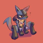 ambiguous_gender anthro biped black_body blue_body blue_fur featureless_crotch fur question_mark red_background red_eyes simple_background solo tan_body tan_fur advos nintendo pokemon generation_4_pokemon lucario pokemon_(species) 1:1