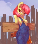 anthro anthrofied areola breasts clothed clothing female fence fur hair nail nipples orange_eyes outside overalls plank red_hair skimpy smile solo yellow_body yellow_fur atryl cartoon_network ed_edd_n_eddy friendship_is_magic hasbro my_little_pony apple_bloom_(mlp) plank_(character) earth_pony equid equine horse mammal pony digital_media_(artwork)