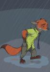 2016 anthro black_nose bottomwear brown_body brown_fur canid canine clothed clothing colored disney fox fur gradient_background half-closed_eyes hi_res long_tail male mammal multicolored_body multicolored_fur narrowed_eyes nick_wilde orange_body orange_fur pants raining red_fox secoh2000 simple_background solo standing tail true_fox wet zootopia