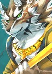 anthro black_nose black_sclera clothed clothing countershading fur green_eyes male multicolored_body multicolored_fur piercing solo sky_gomi lifewonders tokyo_afterschool_summoners seth_(tas) canid canine canis jackal mammal 2018 digital_media_(artwork) hi_res