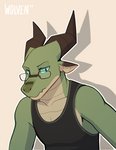 anthro biped blue_eyes clothed clothing eyewear glasses green_body green_scales horn looking_down male pupils scales shirt simple_background slit_pupils solo tank_top text topwear white_background itswolven mythology vynn_(itswolven) dragon mythological_creature mythological_scalie scalie 2018 english_text hi_res signature