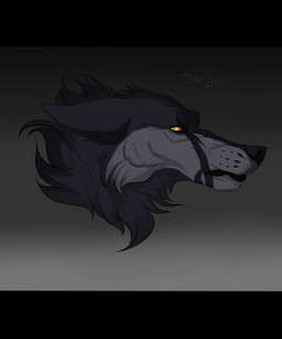 ambiguous_form ambiguous_gender black_bars black_lips black_nose cheek_tuft ears_back facial_tuft fur gradient_background grey_body grey_fur lips looking_at_viewer mouth_closed neck_tuft orange_eyes orange_sclera pivoted_ears side_view simple_background solo tuft msdeadsoul canid canine mammal 5:6 absurd_res hi_res letterbox