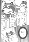 anthro awkward bathroom bear biceps blush bodily_fluids canid canine clothing comic dialogue ellipsis english_text fox fur greyscale hi_res jin_(artist) male mammal me_and_my_teacher monochrome muscular size_difference slightly_chubby steam sweat text yelling