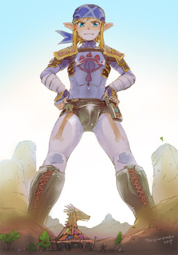 blonde_hair blue_eyes bodysuit boots bulge clothed clothing duo footwear hair humanoid_pointy_ears macro male micro not_furry plant pointy_ears sheikah_outfit sheikah_slate sheikah_symbol shoes skinsuit tablet_computer tight_clothing tree torajimaneko nintendo the_legend_of_zelda link humanoid hylian 2017