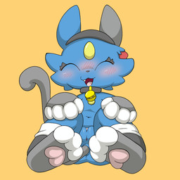 accessory anal anal_penetration bell bell_collar black_collar black_tail blue_body blue_ears blue_fur blush blush_lines buttplug buttplug_in_ass buttplug_insertion buttplug_tail cat_outfit chest_gem clitoris clothed clothing collar eyes_closed fake_paws fake_tail fangs female feral footwear forehead_gem fur gem genitals gloves grey_ears handwear headband navel object_in_ass open_mouth orange_background partially_clothed paw_gloves pawpads paws penetration pink_clitoris pink_pawpads plug_(sex_toy) plug_insertion sex_toy sex_toy_in_ass sex_toy_insertion simple_background sitting smile socks solo tail teeth vulva white_clothing white_footwear white_socks lucky_luxio nintendo pokemon cara_(lucky_luxio) felid feline generation_2_pokemon mammal pokemon_(species) sneasel colored digital_drawing_(artwork) digital_media_(artwork) shaded