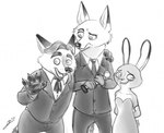 anthro biped bottomwear clothing female group hug male necktie pants paws shirt simple_background suit topwear white_background gerardson disney zootopia gideon_grey judy_hopps nick_wilde canid canine fox lagomorph leporid mammal rabbit red_fox true_fox 2017 monochrome