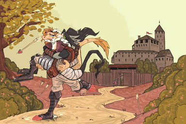 anthro arrow_(weapon) boots castle clothing eye_contact female footwear group holding_another looking_at_another male military outside path plant ranged_weapon running shoes soldier tail tree warrior weapon mawkvlt