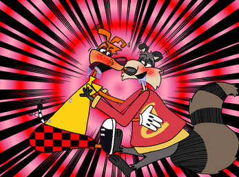 anthro aroused bodily_fluids drooling duo making_out male male/male saliva cyrang47z bert_raccoon moxy_(the_moxy_show) canid canine canis domestic_dog mammal procyonid raccoon 2026