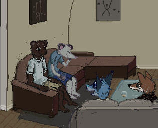 anthro blue_body blue_bottomwear blue_clothing blue_fur blue_shirt blue_shorts blue_t-shirt blue_topwear bottomwear brown_body brown_fur clothing detailed_background fur furniture group male open_mouth shirt shorts sofa t-shirt topwear white_clothing white_shirt white_t-shirt white_topwear yellow_bottomwear yellow_clothing yellow_shorts demensa emil_(demensa) american_opossum bear canid canine canis coyote domestic_dog hybrid mammal marsupial virginia_opossum 2018 digital_media_(artwork) pixel_(artwork)